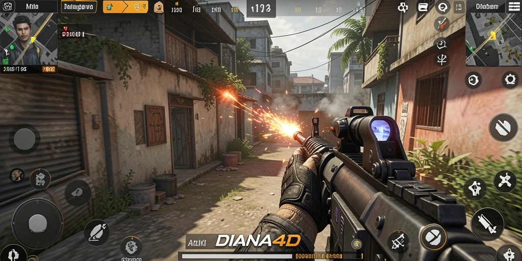 Tangkapan layar gameplay DIANA4D dengan aksi intens di lapangan tempur.