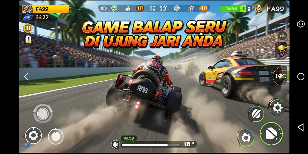 Tampilan gameplay FA99 yang mendebarkan dengan mobil balap beraksi.