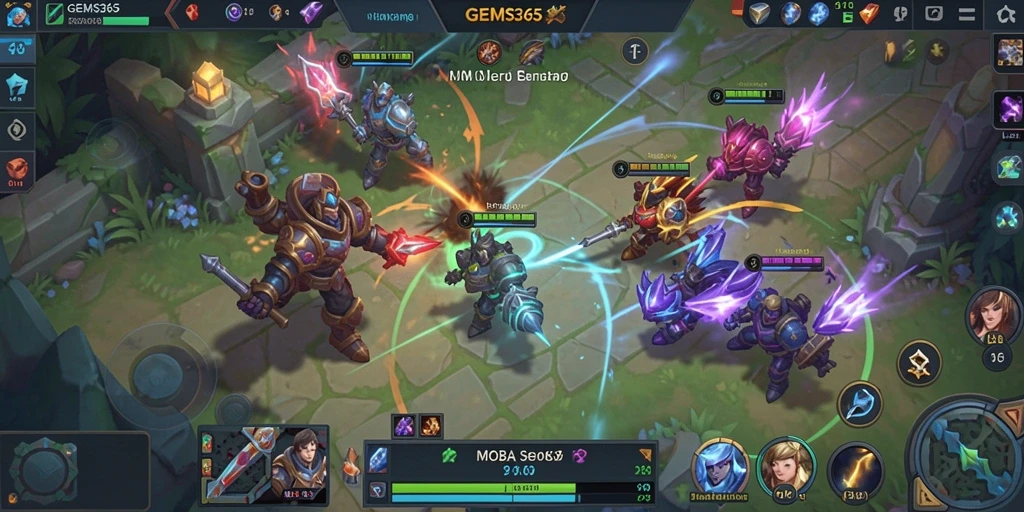 Screenshot menunjukkan serunya gameplay MOBA di GEMS365.