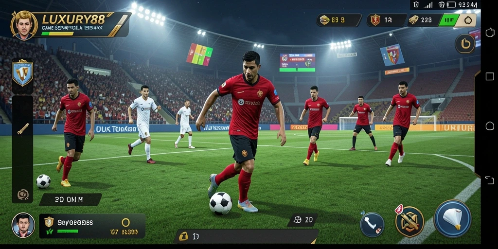 Tangkapan layar gameplay LUXURY88 dengan aksi sepak bola yang mendebarkan.