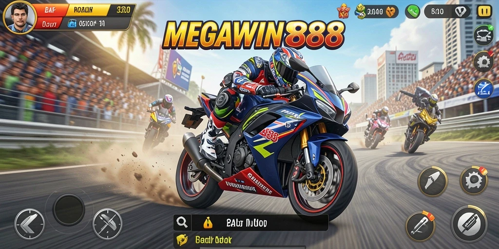 Tampilan gameplay seru dalam balapan motor MEGAWIN888.