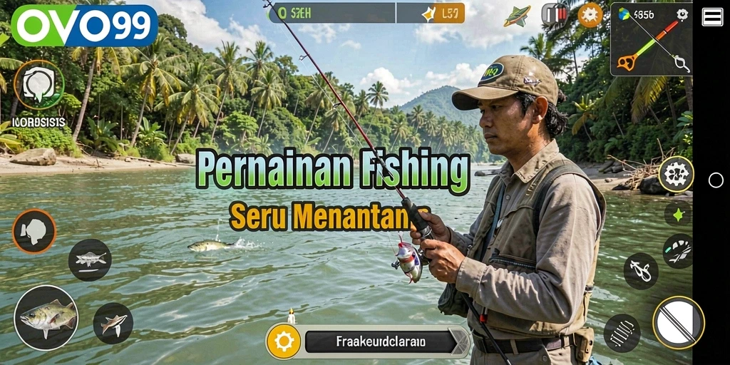 Screenshot gameplay menunjukkan aksi memancing seru di OVO99.
