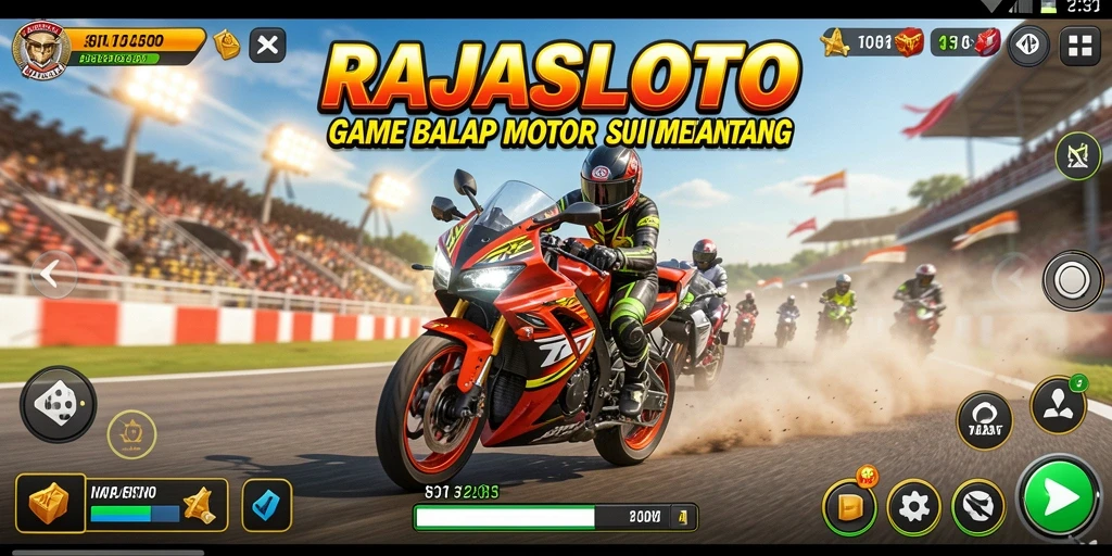 Screenshot gameplay RAJASLOTO menampilkan balapan motor yang seru dan mendebarkan.