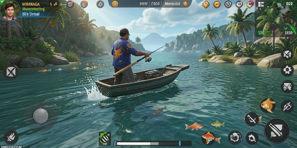 Gameplay <strong>WIRANAGA</strong>: Menangkap ikan dengan teknik yang realistis.