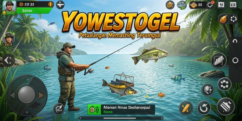 Screenshot gameplay YOWESTOGEL menampilkan aksi memancing yang seru.